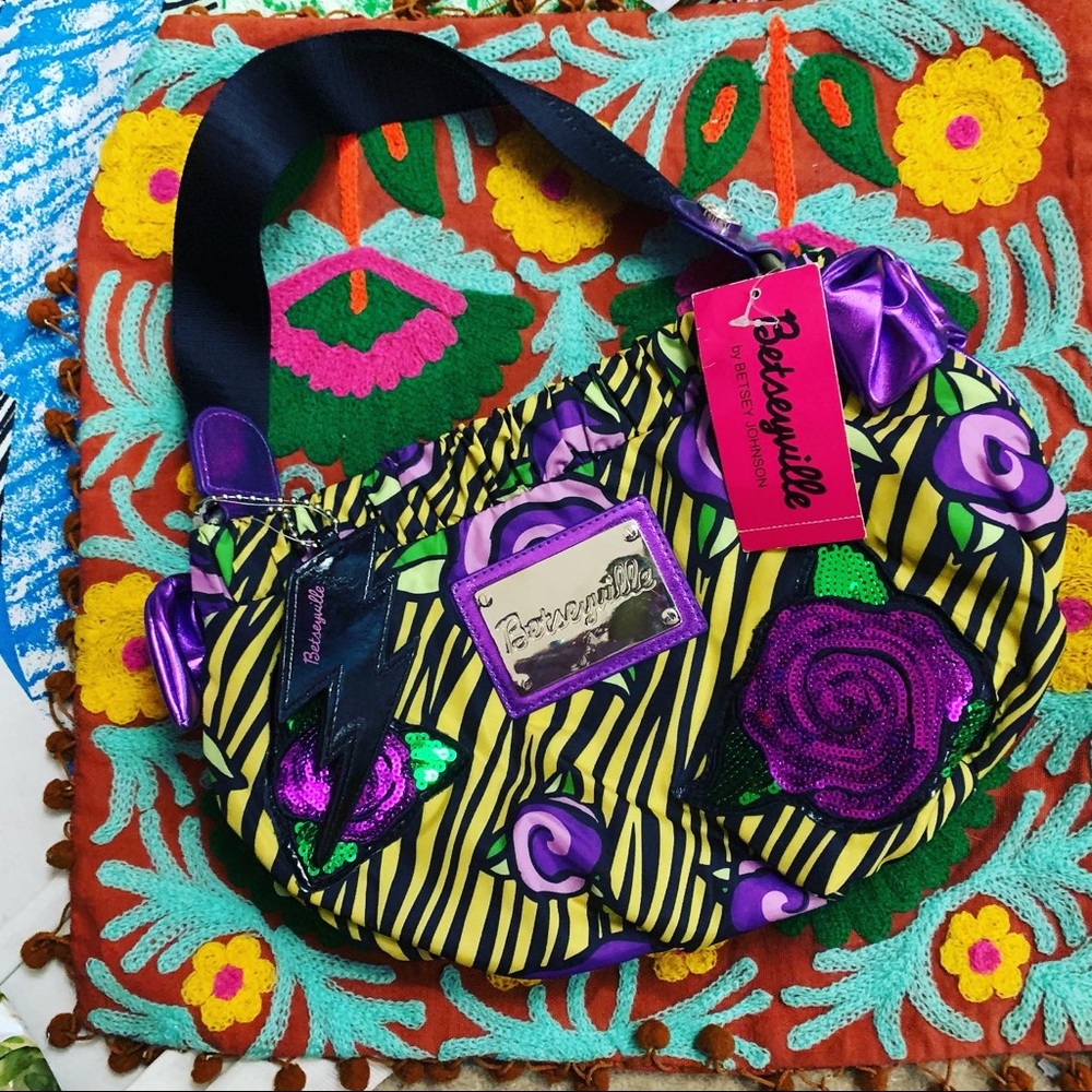 NWT Betsey Johnson Floral Punk Animal purple black  Purse Bag